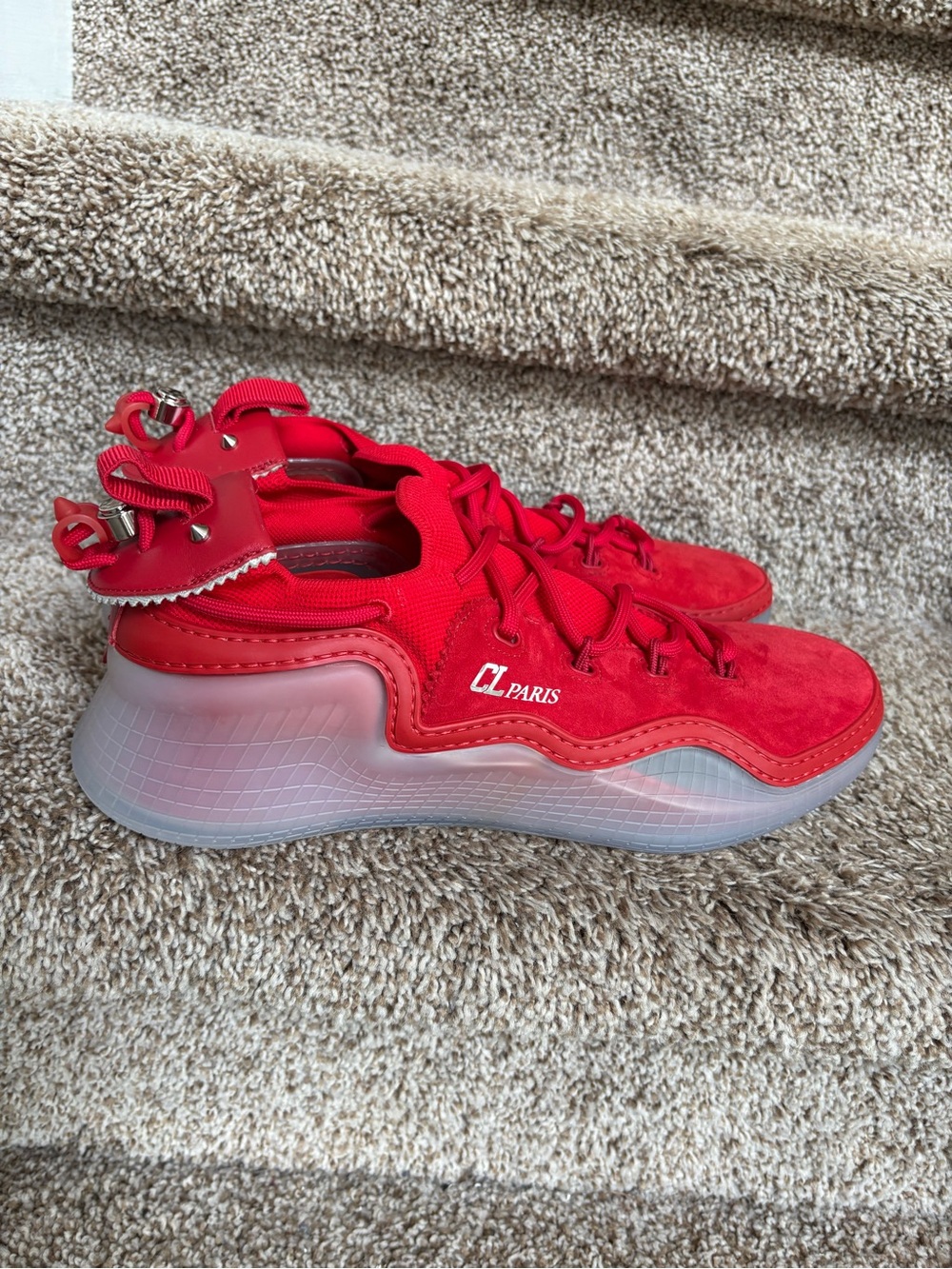 Christian Louboutin Red Men’s Suede Sneakers with Gold Logo Marking .